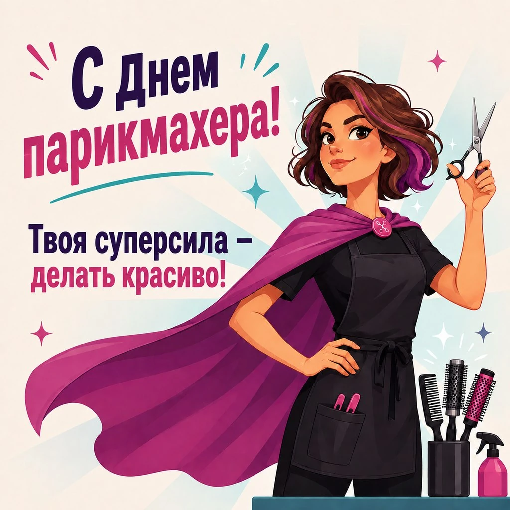 Прикольная открытка с Днем парикмахера с надписью «Твоя суперсила — делать красиво!»