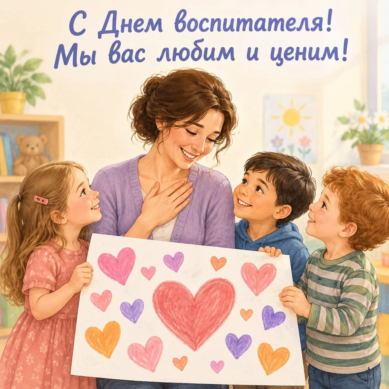 Открытка ко Дню воспитателя с надписью «Мы вас любим и ценим!»