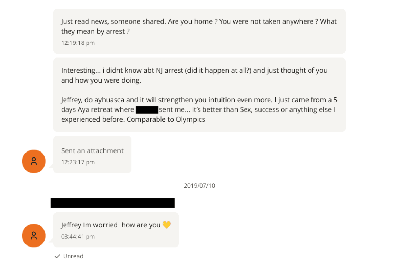 Автор письма выражает обеспокоенность в связи с новостями о задержании Эпштейна полицией, интересуясь его состоянием.