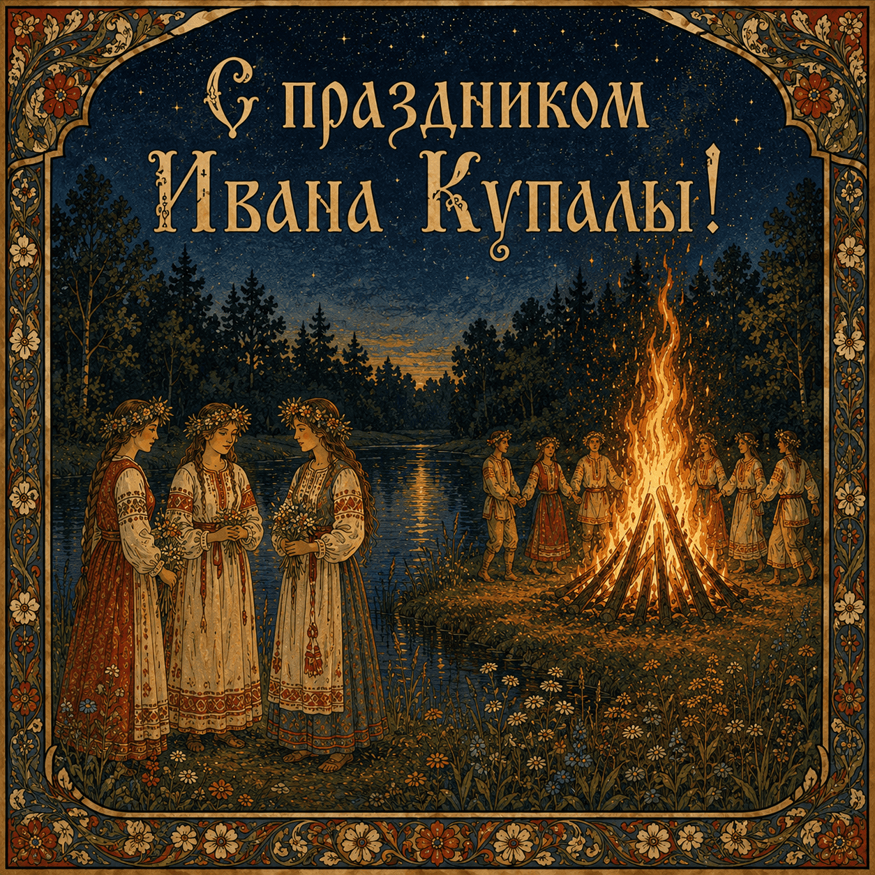 Открытка в старинном стиле с костром, людьми у реки и надписью «С праздником Ивана Купалы!»