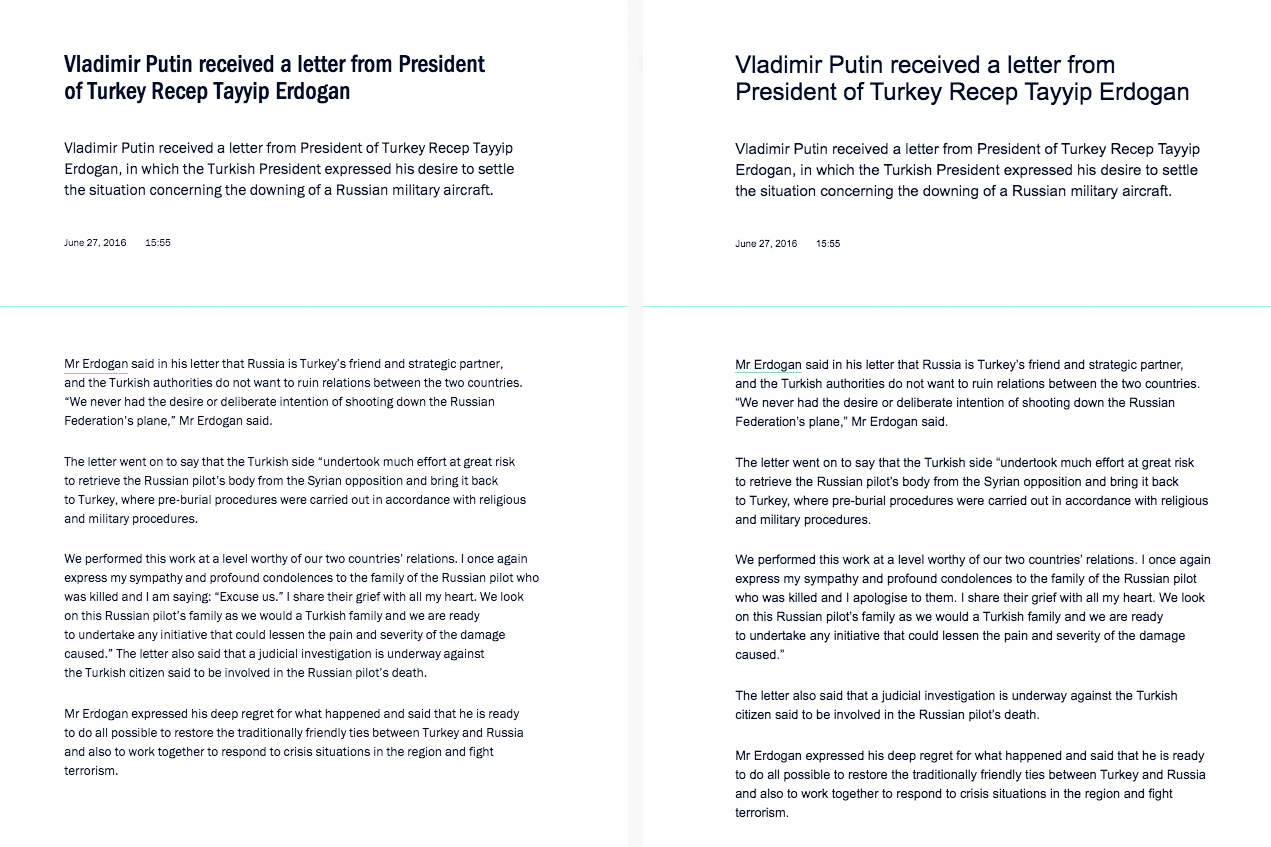 Две версии письма президента Реджепа Тайипа Эрдогана Владимиру Путину. Слева&nbsp;&mdash;&nbsp;по&nbsp;состоянию на&nbsp;28 июня 2016 года. Справа&nbsp;&mdash;&nbsp;вариант письма из&nbsp;кэш-версии Google


