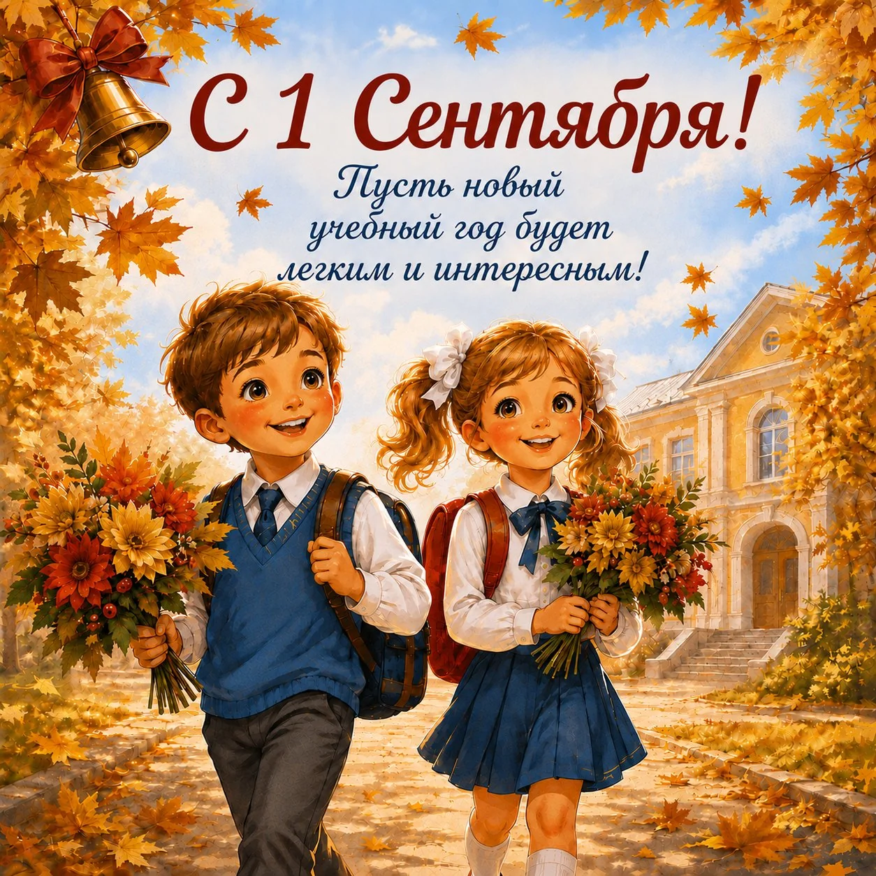 Акварельная открытка с 1 Сентября ученикам
