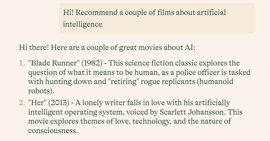 Ответы Pi Ai на просьбу посоветовать пару фильмов об искусственном интеллекте на английском и русском. Бот советует фильмы &laquo;Бегущий по лезвию&raquo; и &laquo;Она&raquo;. Ответы на английском обычно более развернутые.