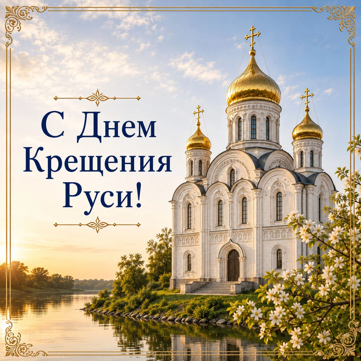Открытка ко Дню Крещения Руси с храмом на берегу реки