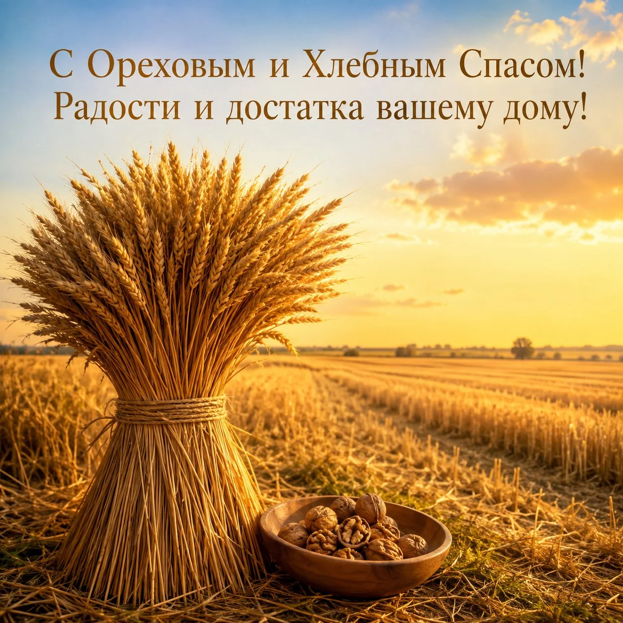 Открытка с Ореховым и Хлебным Спасом с пожеланием радости и достатка