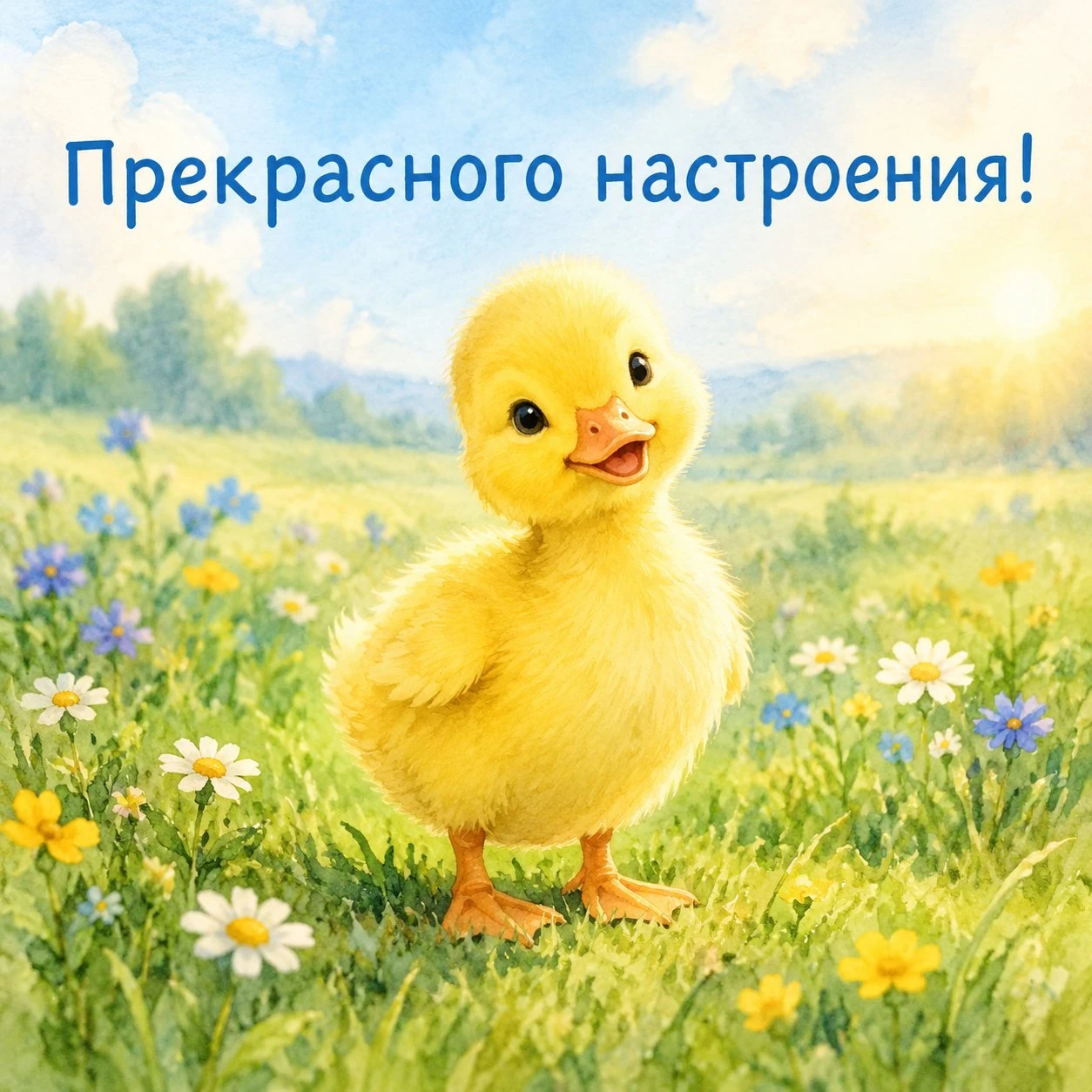 Акварельная открытка с утенком и пожеланием прекрасного настроения