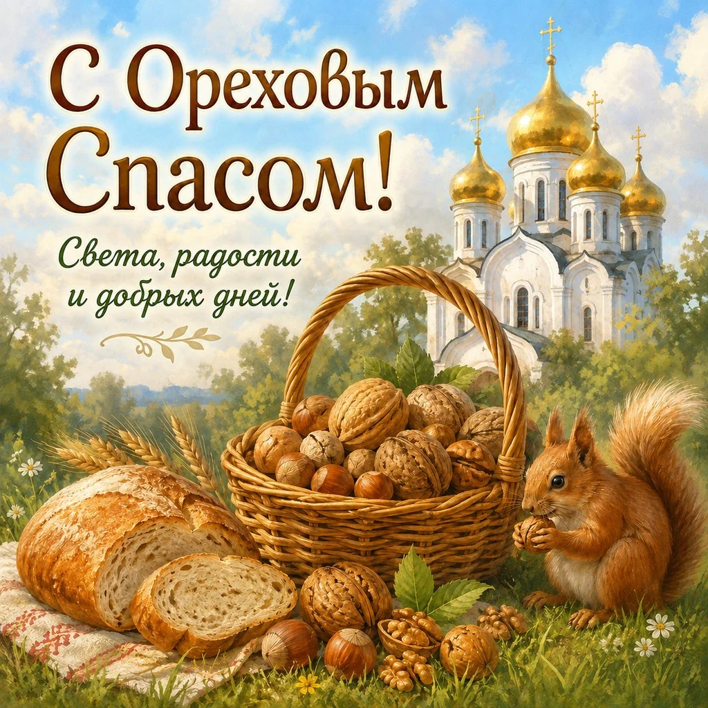Открытка с Ореховым Спасом с пожеланием радости