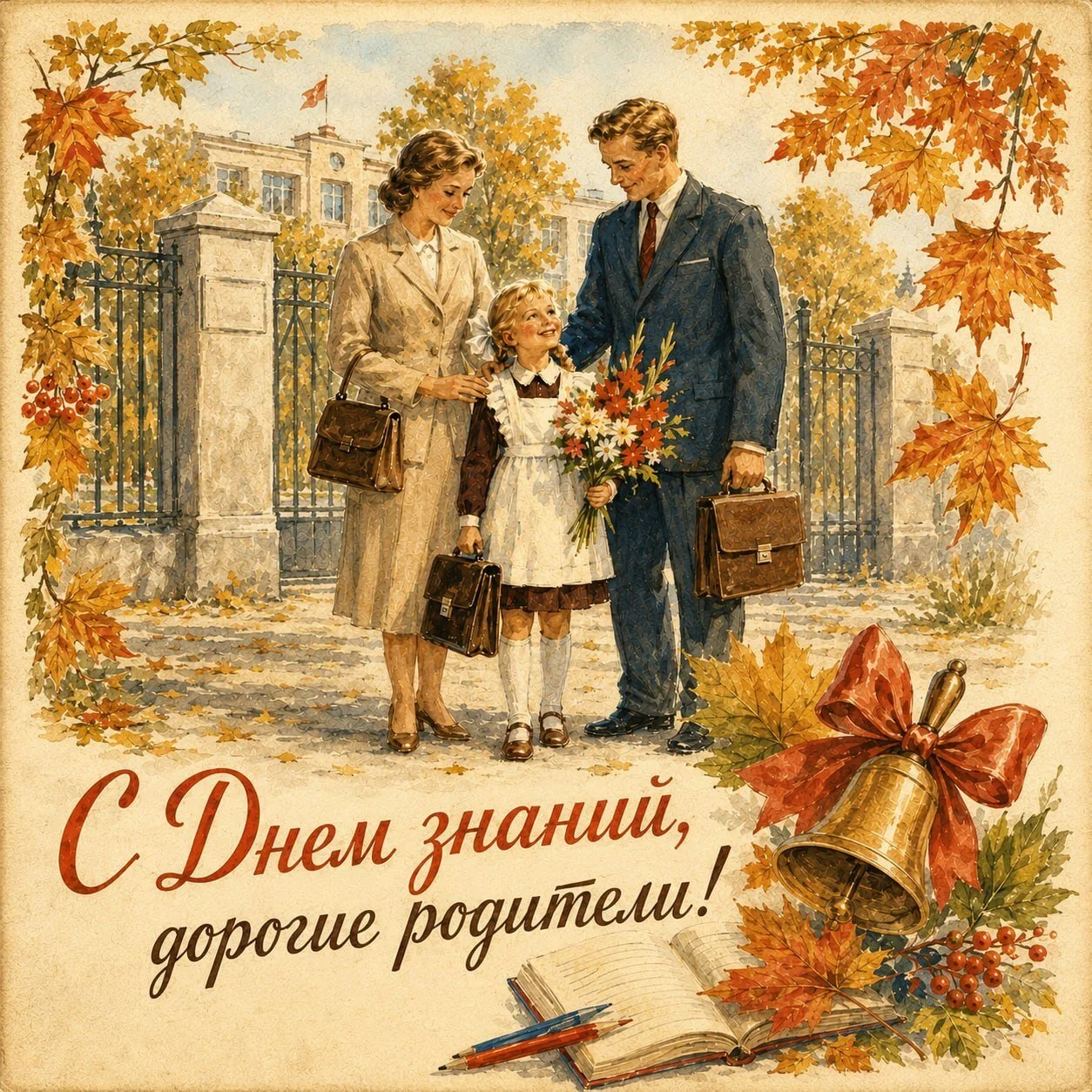 Советская открытка с 1 сентября для родителей