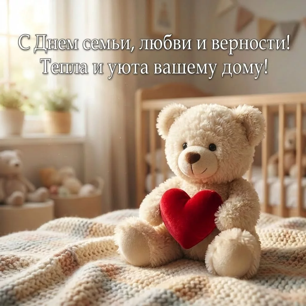 Милая открытка с плюшевым мишкой и поздравлением с Днем семьи, любви и верности