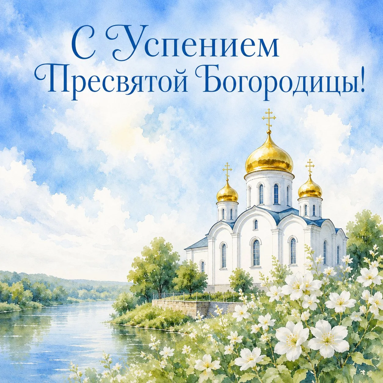 Красивая акварельная открытка с праздником Успения Пресвятой Богородицы