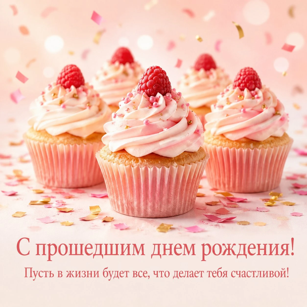 Открытка с прошедшим днем рождения с капкейками и конфетти