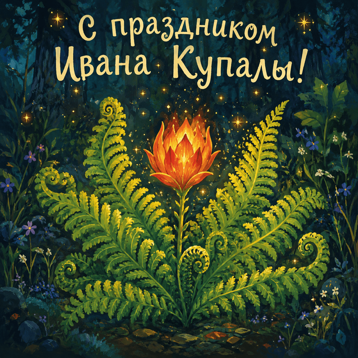 Открытка с цветком папоротника и надписью «С праздником Ивана Купалы!»
