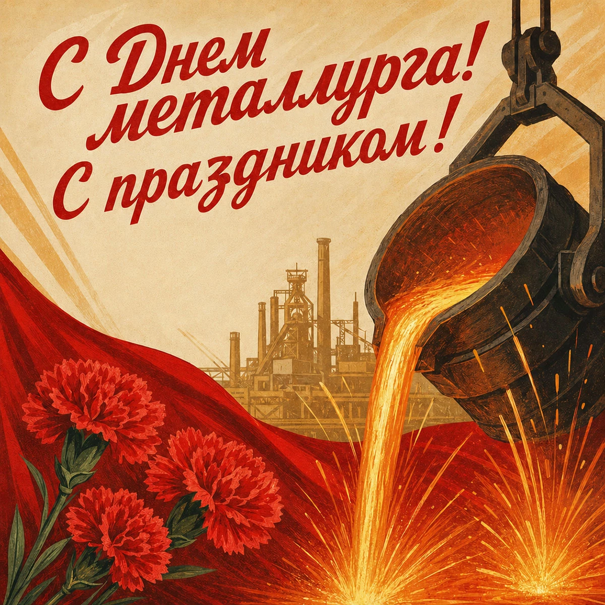 Советская открытка с надписью «С Днем металлурга! С праздником!»