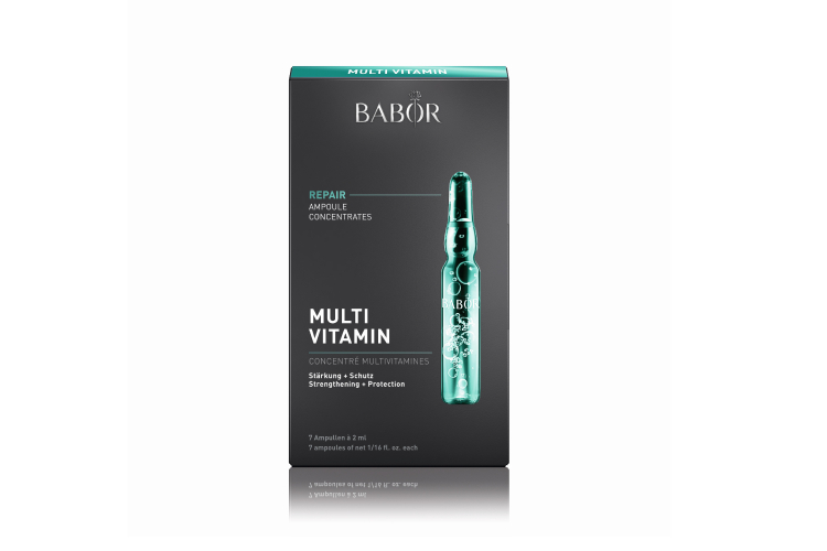 Ампулы Multi Vitamin, Babor содержат активный концентрат для комплексного укрепления иммунитета кожи на основе витаминов А, В5, Е, провитамина А и биотина, которые защищают кожу от экзогенного стресса и повышают эластичность, придавая ей свежий и здоровый вид