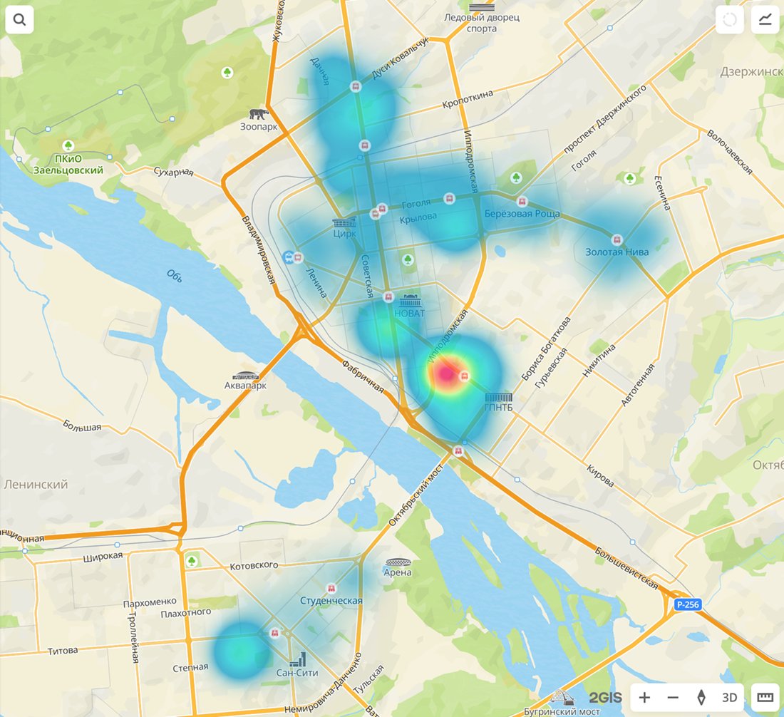 Тепловая карта средней стоимости 1 кв. м жилья в 10 мин ходьбы от метро в Новосибирске