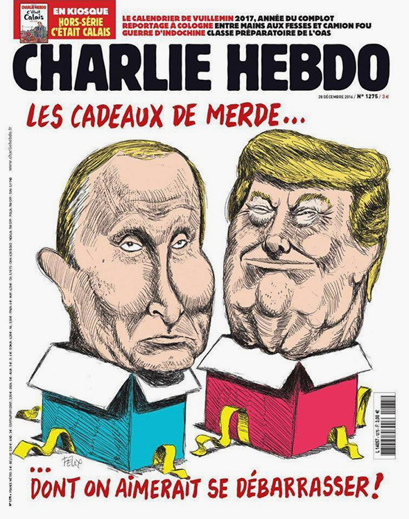 Сатирический французский журнал Charlie Hebdo поместил на&nbsp;обложку карикатуру с&nbsp;подписью &laquo;Дрянные подарки, от&nbsp;которых стоило&nbsp;бы избавиться&raquo; (Les cadeaux de merde dont on aimerait se d&eacute;barrasser)
