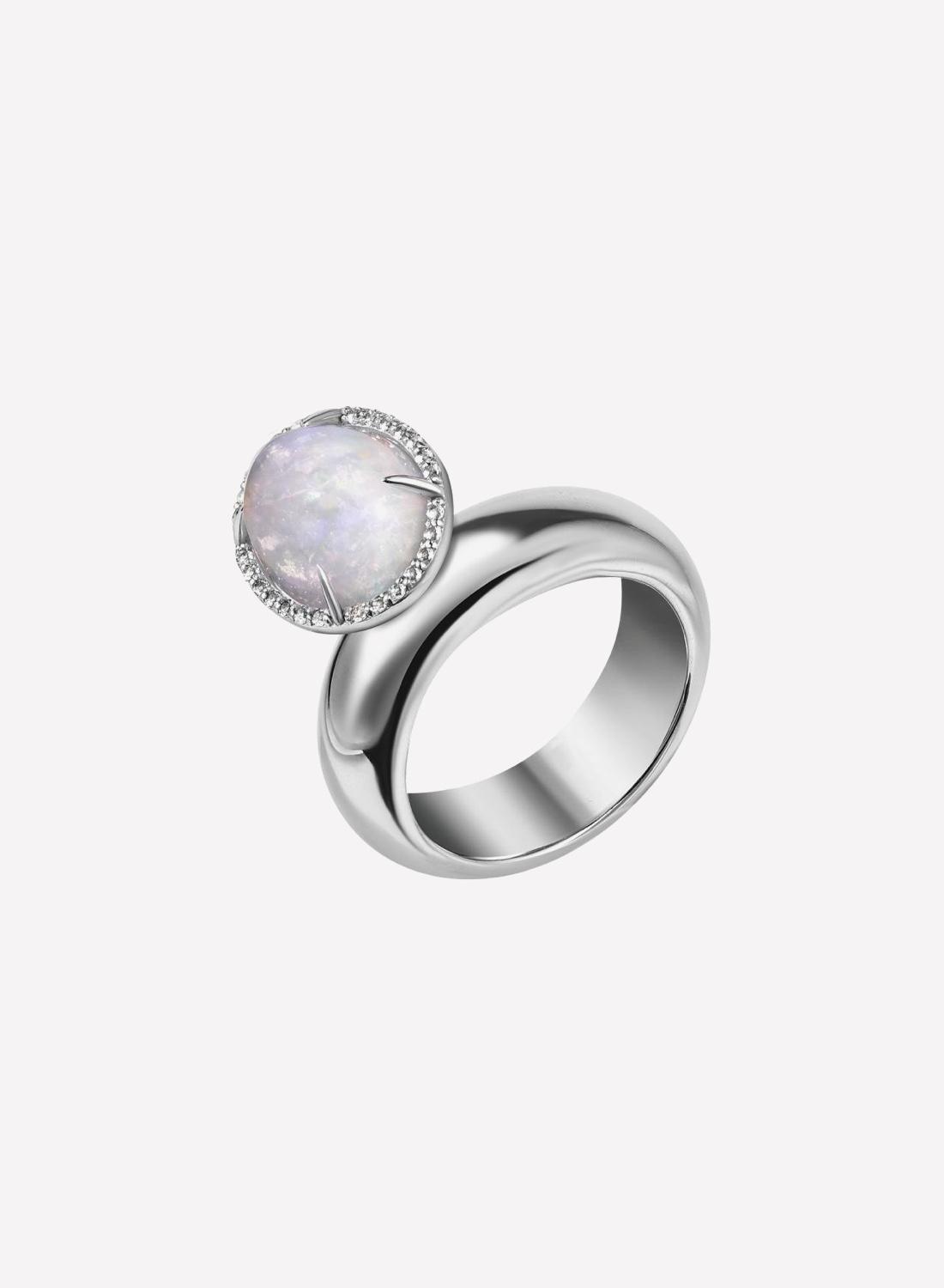 Кольцо, серебро с родиевым покрытием, белый опал, топазы, Moonka