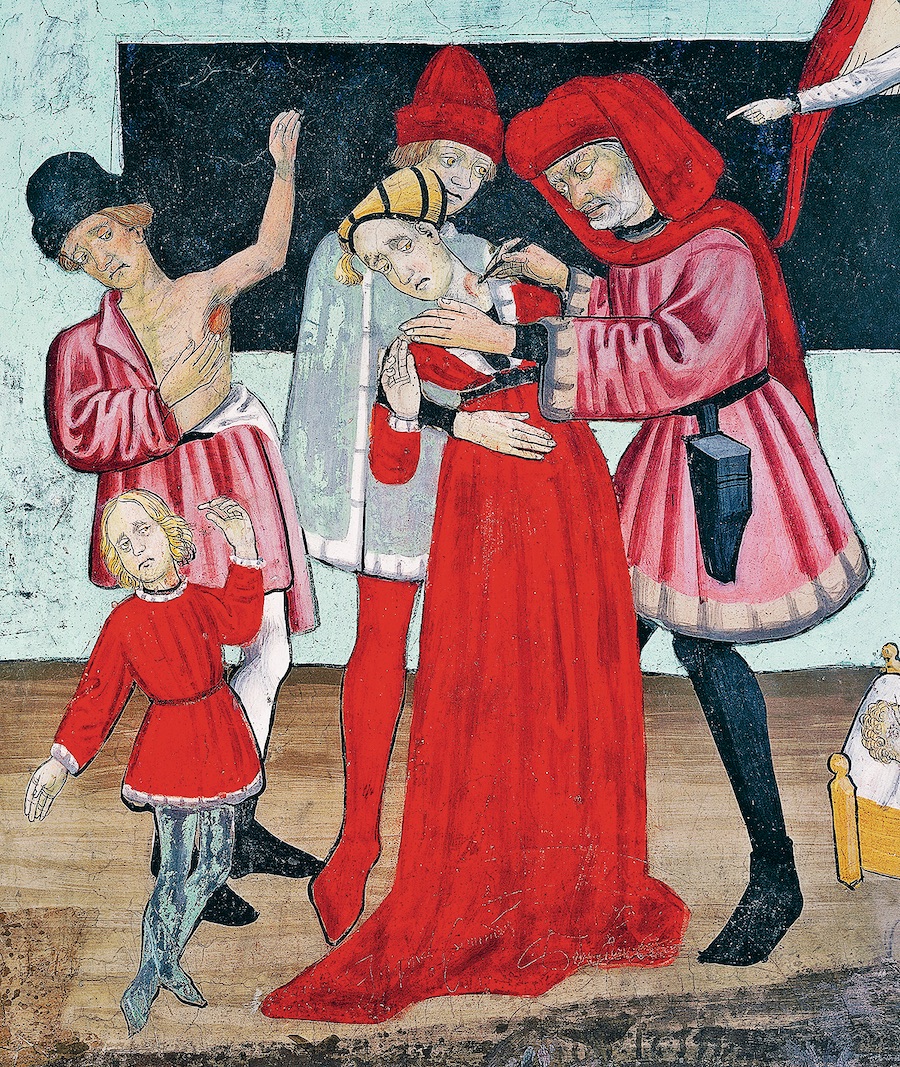 Врач, лечащий жертв чумы, житие святого Себастьяна. Фрагмент фрески в часовне Святого Себастьяна, (Франция), XV век