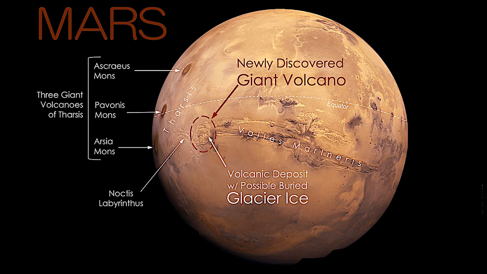 <p>Расположение вулкана Ноктис на общем плане Марса</p>