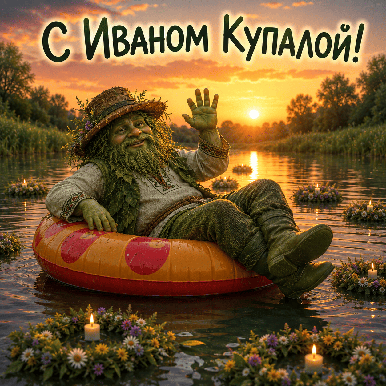 Открытка с Лешим в надувном круге и надписью «С Иваном Купалой!»