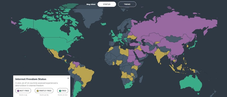 Карта статуса свободы интернета в 2021 году