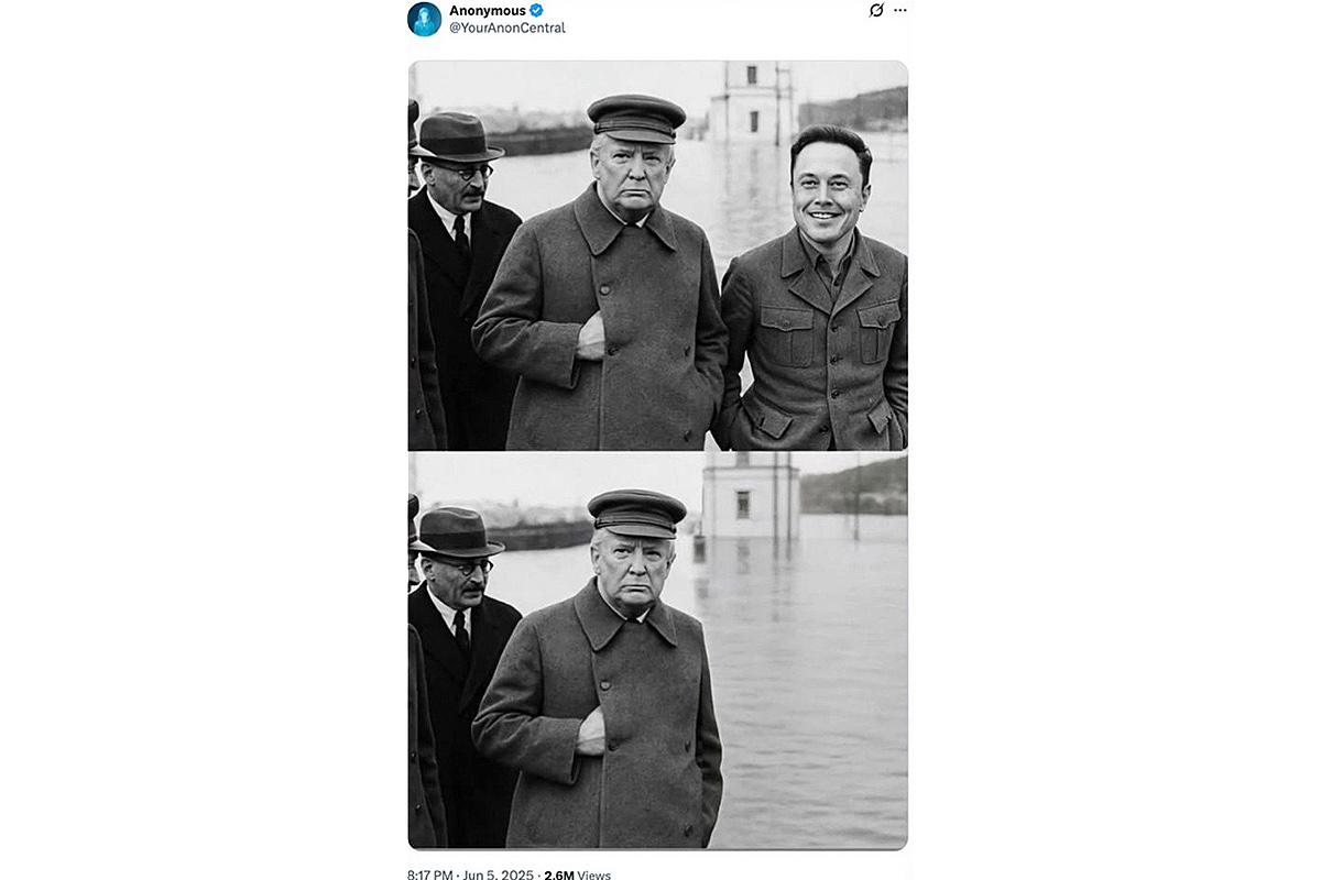 Отсылка к фото, на котором запечатлены Иосиф Сталин со свитой, состоящей из Молотова, Ворошилова и Ежова у «Канала имени Москвы». Кадр отредактировали советские цензоры после казни народного комиссара внутренних дел (главы НКВД) Николая Ежова, удалив его со снимка