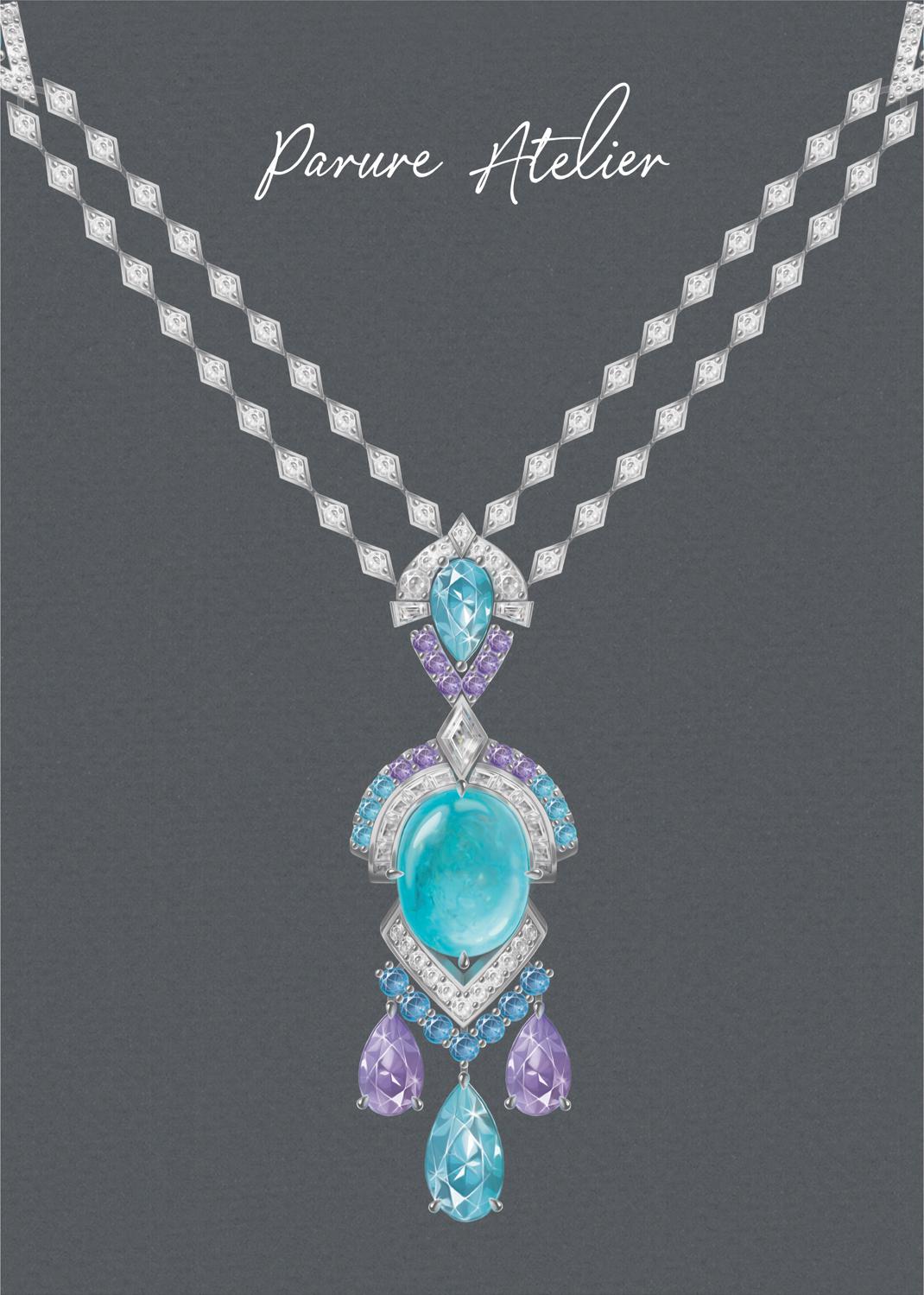 Колье с турмалином параиба, кунцитами, аквамаринами, сапфирами и бриллиантами, Parure Atelier. Эскиз