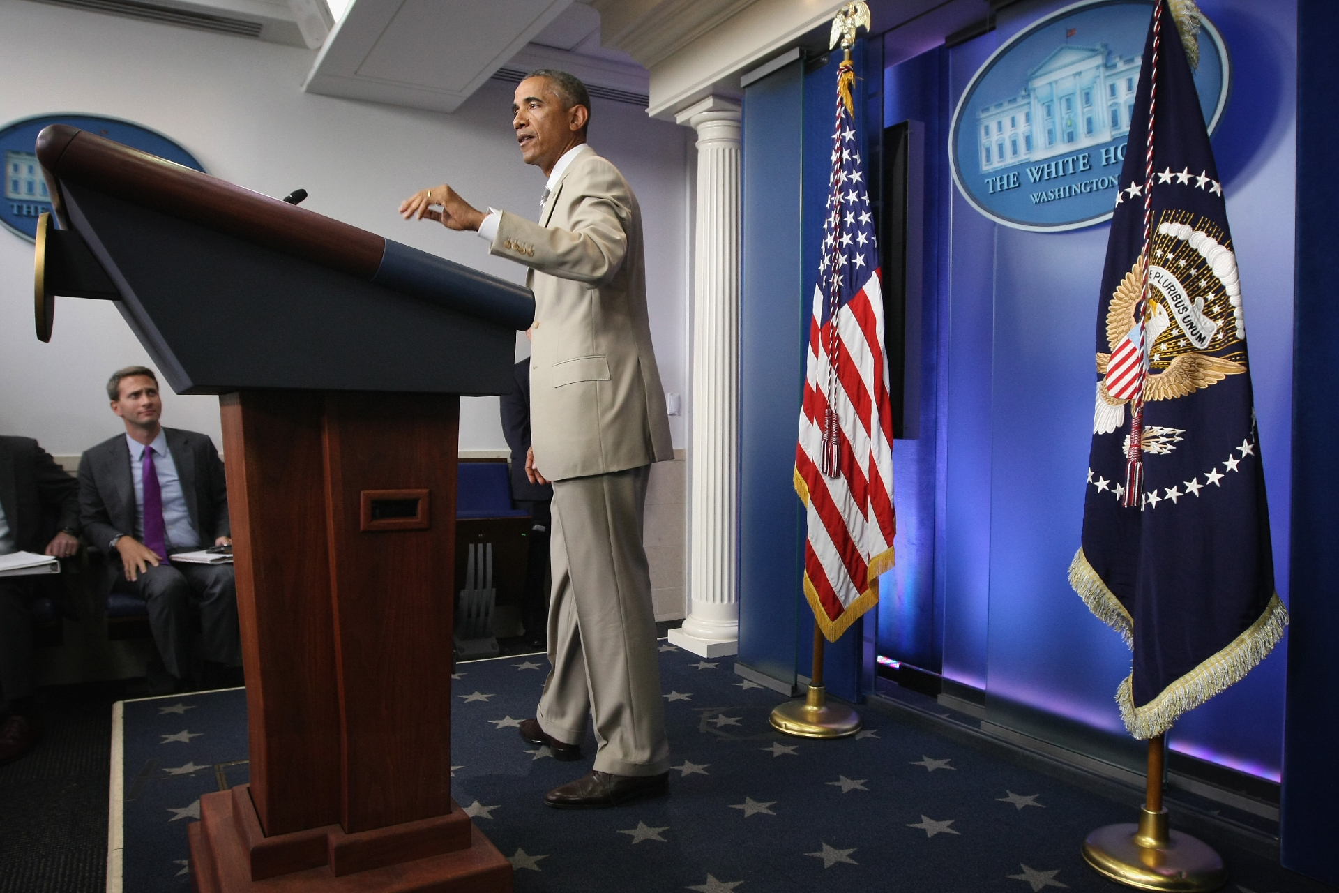 Барак Обама на выступлении в Белом доме по вопросам противодействию ИГ (запрещенная в России террористическая организация) и иммиграционной реформе, 2014
