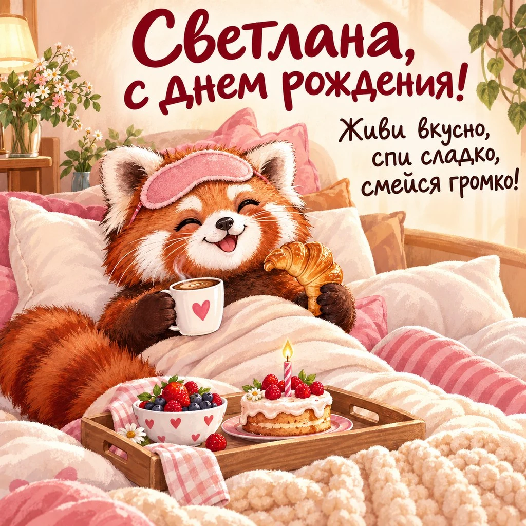 Открытка с днем рождения Светлане с пожеланием «Живи вкусно, спи сладко, смейся громко!»