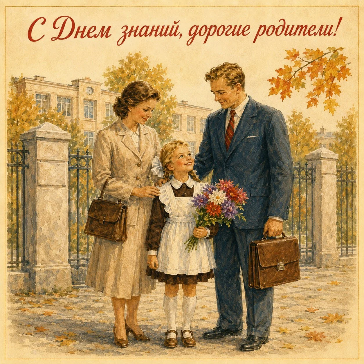 Красивая советская открытка с 1 Сентября родителям