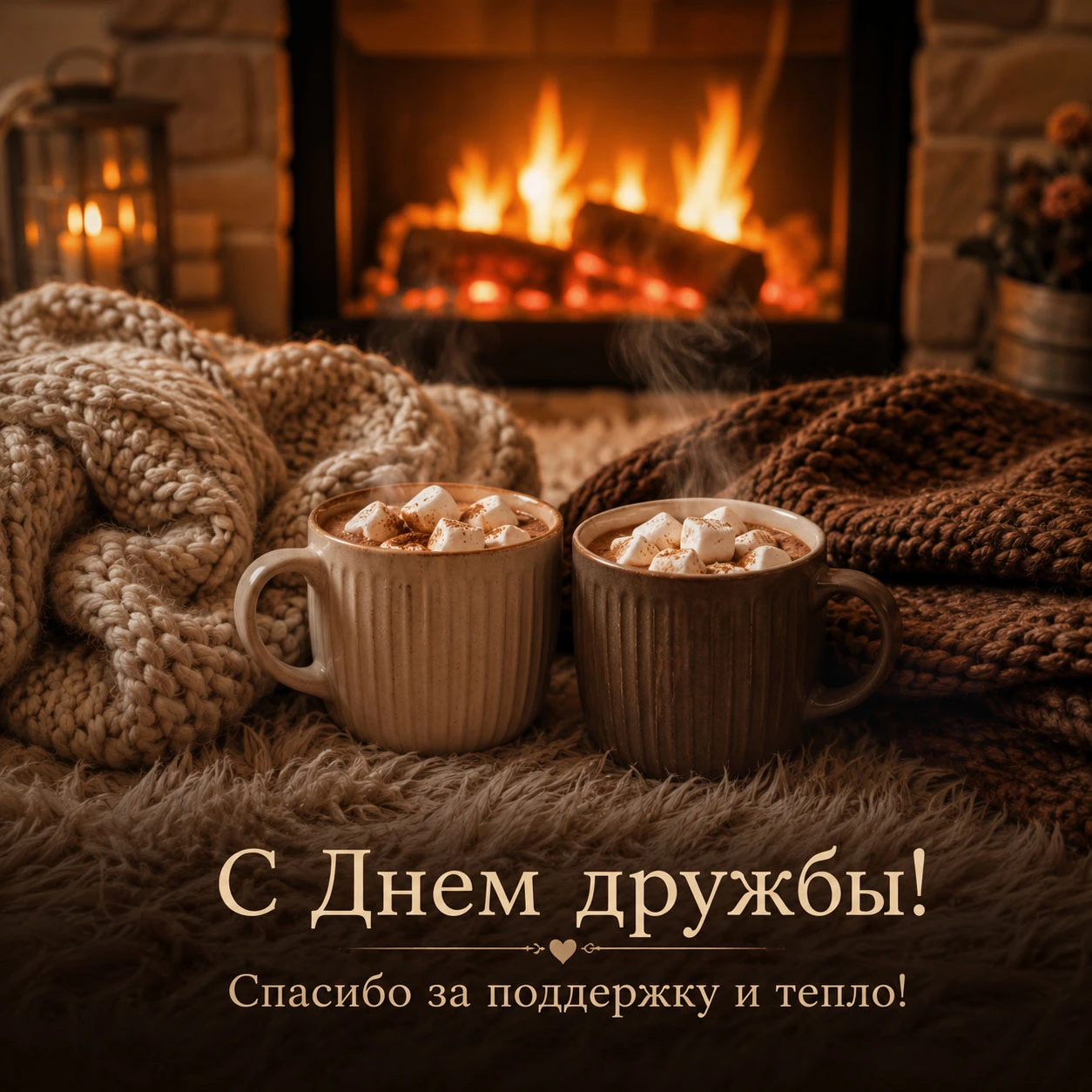 Уютная открытка с пледами и какао у камина ко Дню дружбы