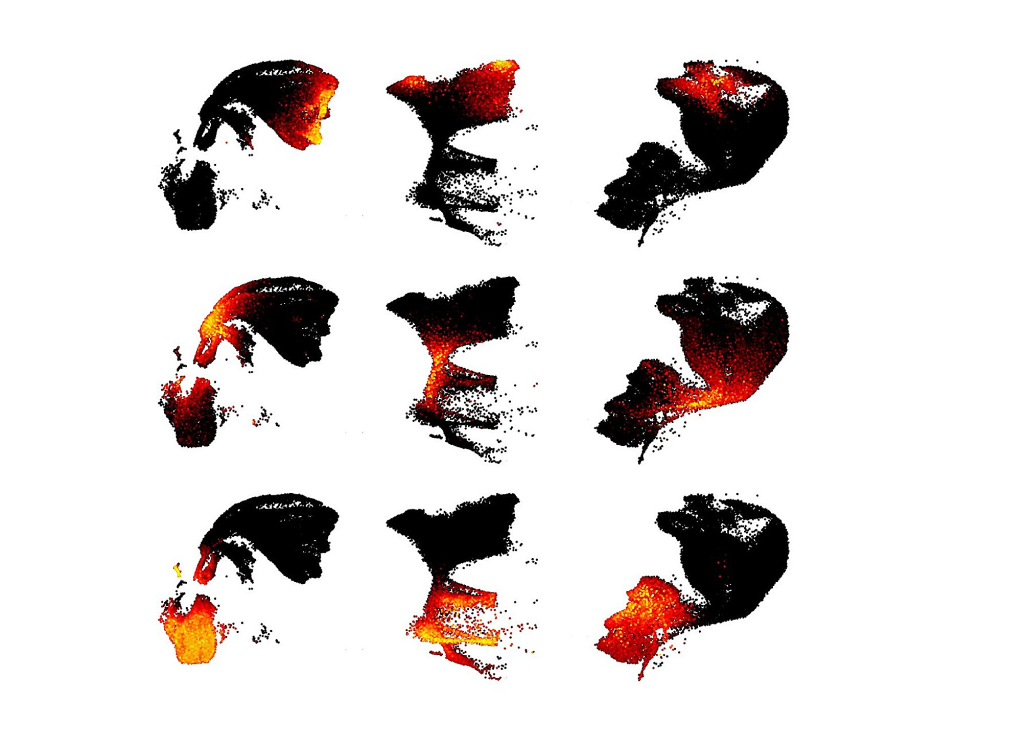 Как различные элементы генома используются при формировании нейронов в мозге мыши (слева), обезьяны (в центре) и человека (справа). Каждая крошечная точка &mdash; это отдельная клетка в развивающемся неокортексе