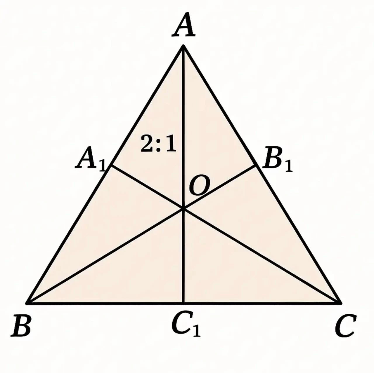 Треугольник ABC. В центре — точка пересечения медиан