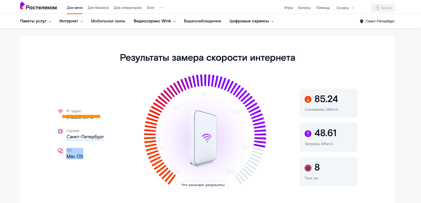 Результаты проверки c помощью сервиса на сайте &laquo;Ростелекома&raquo;