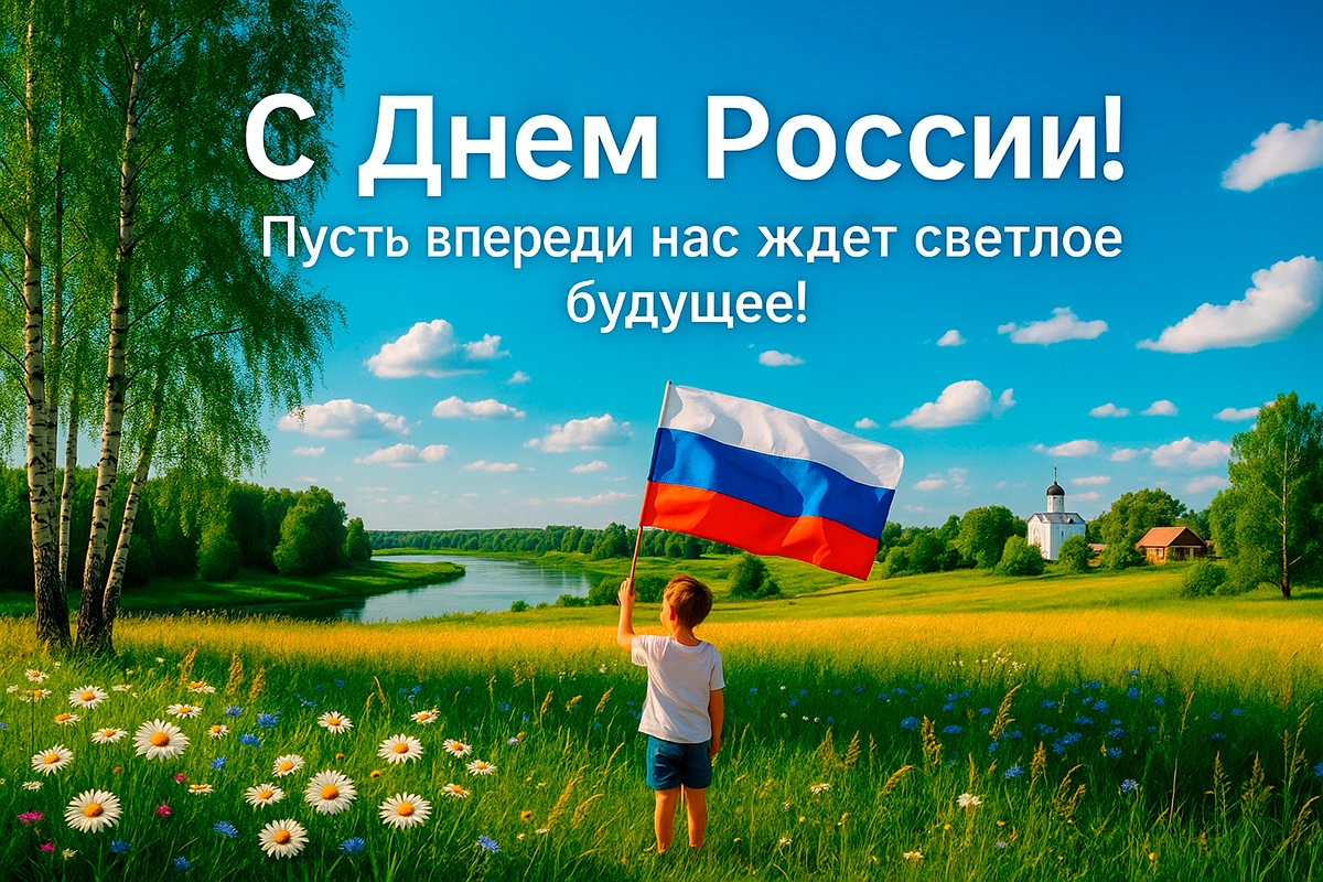 Открытка с мальчиком, который держит российский флаг