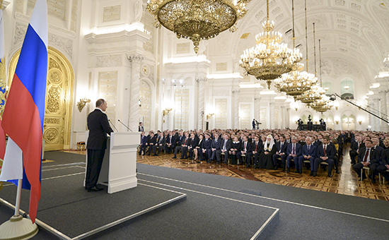 Президент России Владимир Путин во время выступления с ежегодным посланием Федеральному собранию РФ в Кремле