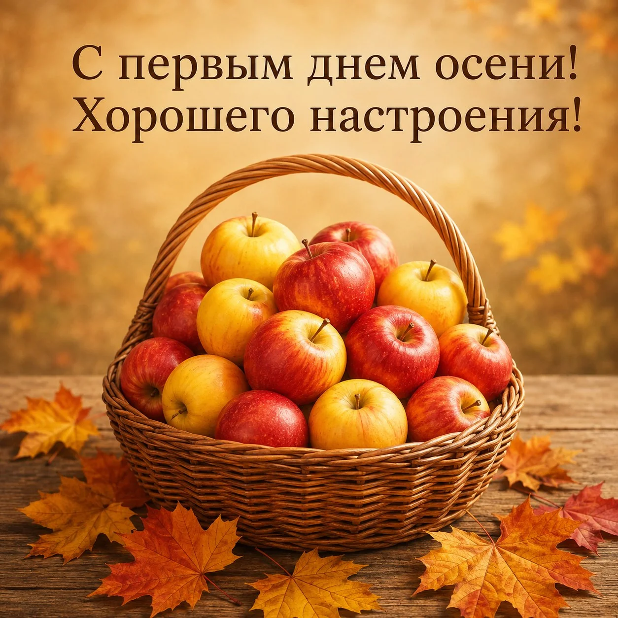 Открытка с первым днем осени с яблоками