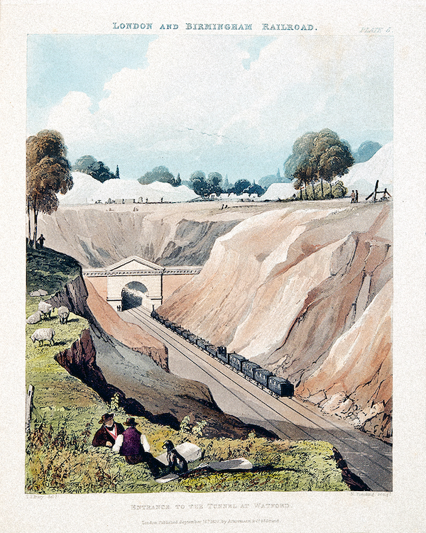 Вход в тоннель в Уотфорде. Раскрашенная гравюра. Томас Талбот Бери, 1837 год
