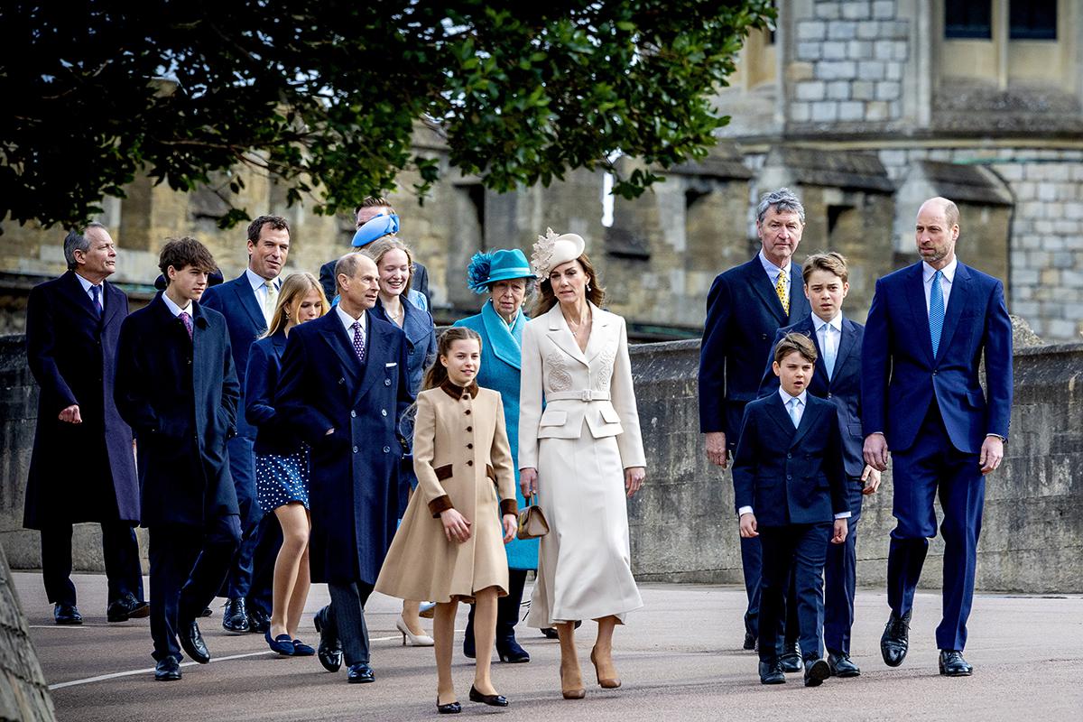 Принц Уэльский Уильям и принц Джордж, принцесса Уэльская Кэтрин и принц Луи, принцесса Шарлотта, принц Эдвард и принцесса Анна на пасхальной утренней службе 2026 года в часовне Святого Георгия, 05 апреля 2026 года