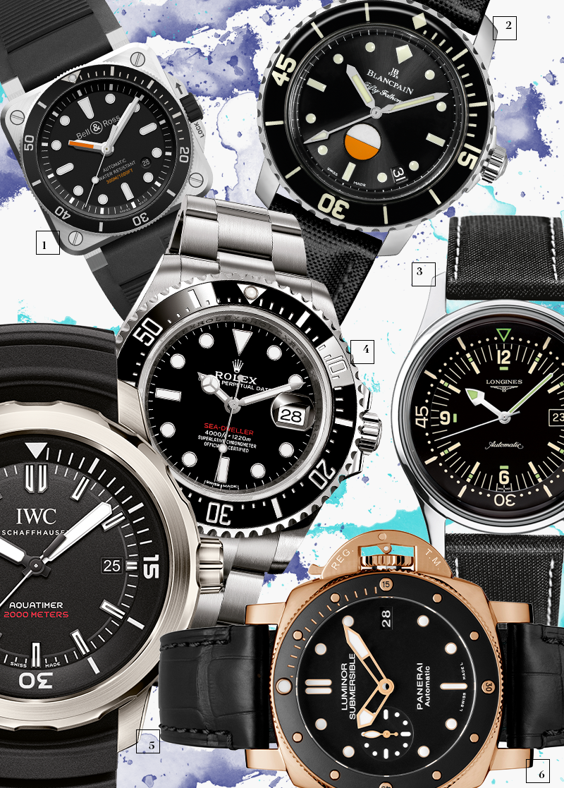 1 | BR 03-92 Diver, Bell &amp; Ross (300 м)
2 | Fifty Fathoms MIL-SPEC, Blancpain (300 м)
3 | The Longines Legend Diver, Longines (300 м)
4 | Oyster Perpetual Sea-Dweller, Rolex (1220 м)
5 | Aquatimer Automatic Edition 35 Years Ocean, IWC (2000 м)
6 | Luminor Submersible 1950 3 Days Automatic Oro Rosso 42 mm, Officine Panerai (100 м)
