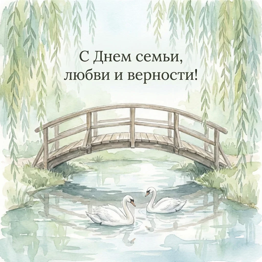 Открытка с всероссийским Днем семьи, любви и верности с деревянным мостом и белыми лебедями