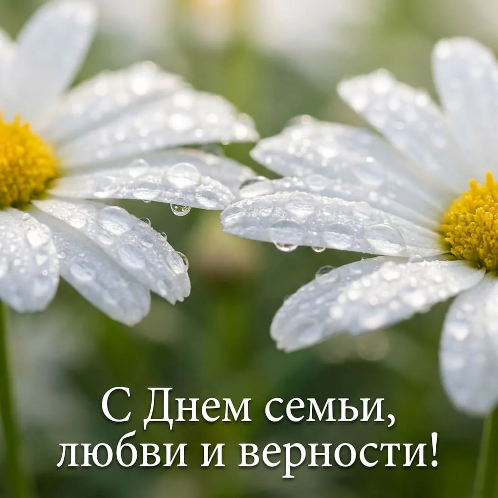 Открытка с ромашками в утренней росе и поздравлением с Днем семьи, любви и верности
