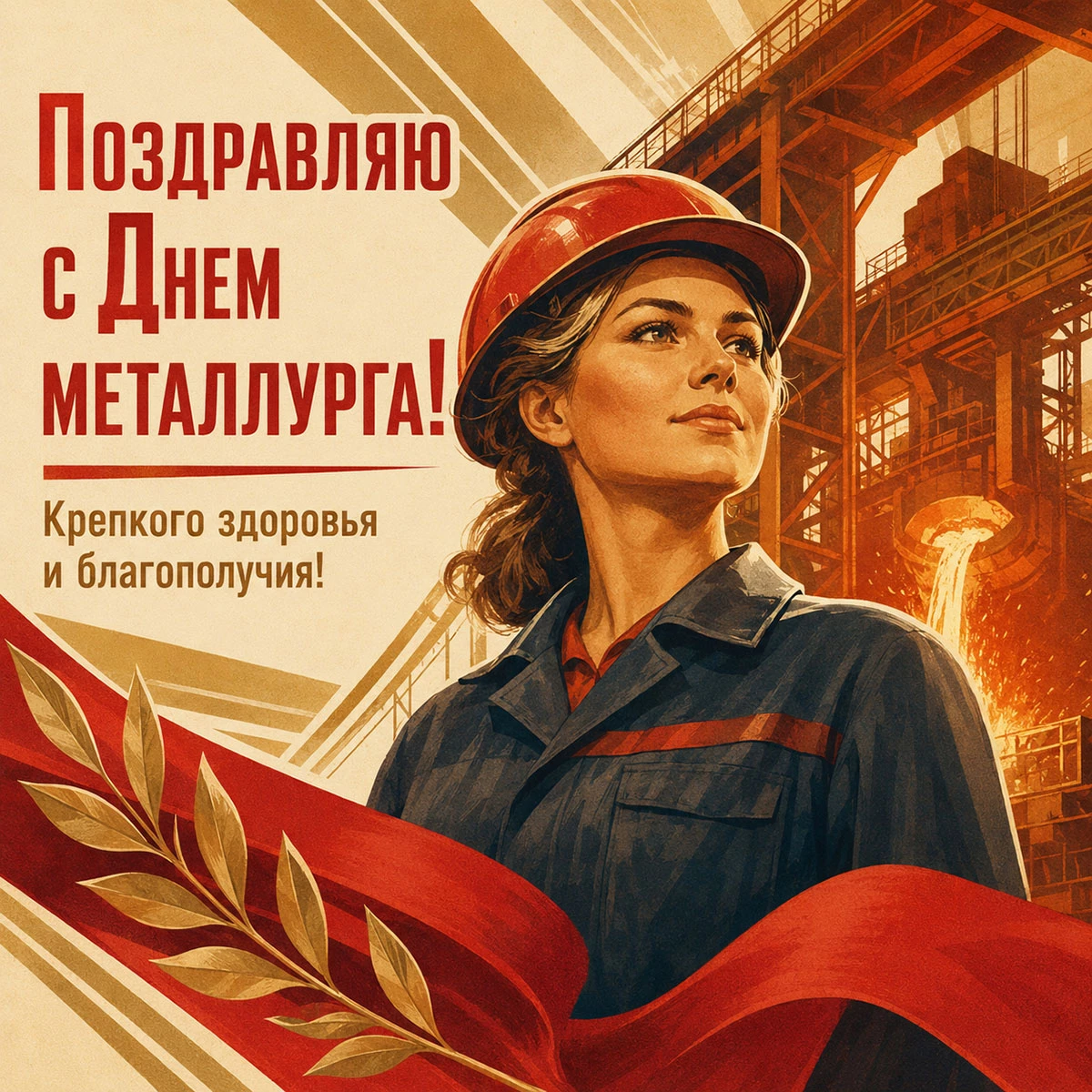 Красивая открытка с надписью «Поздравляю с Днем металлурга! Крепкого здоровья и благополучия!