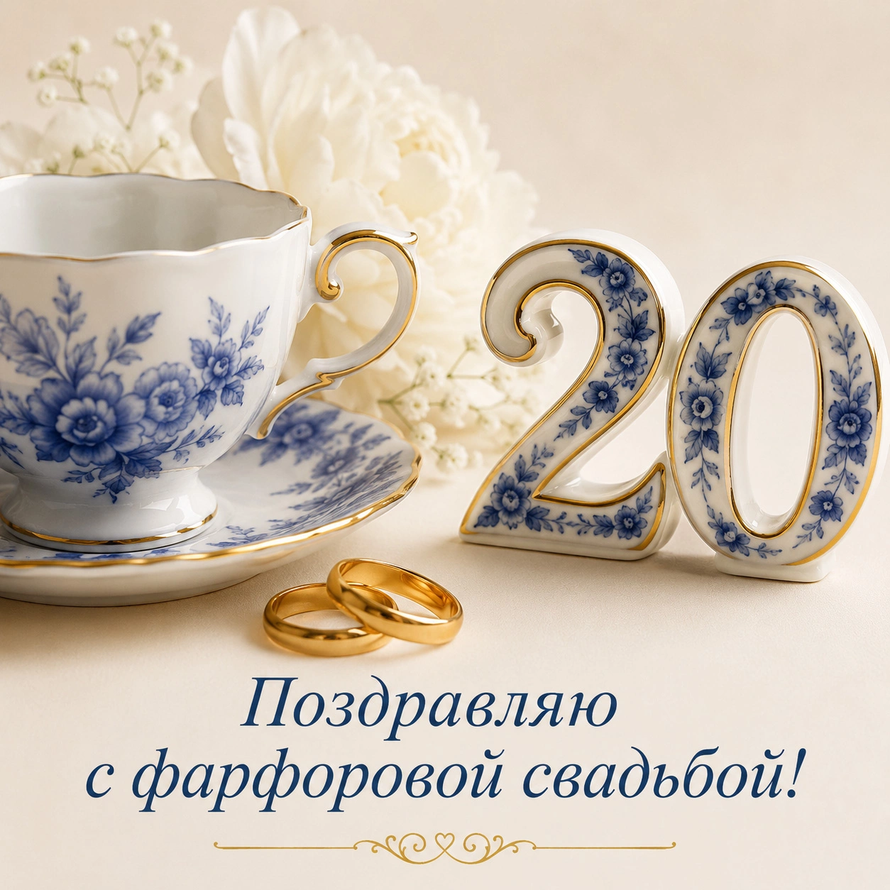 Красивая открытка с фарфоровой свадьбой