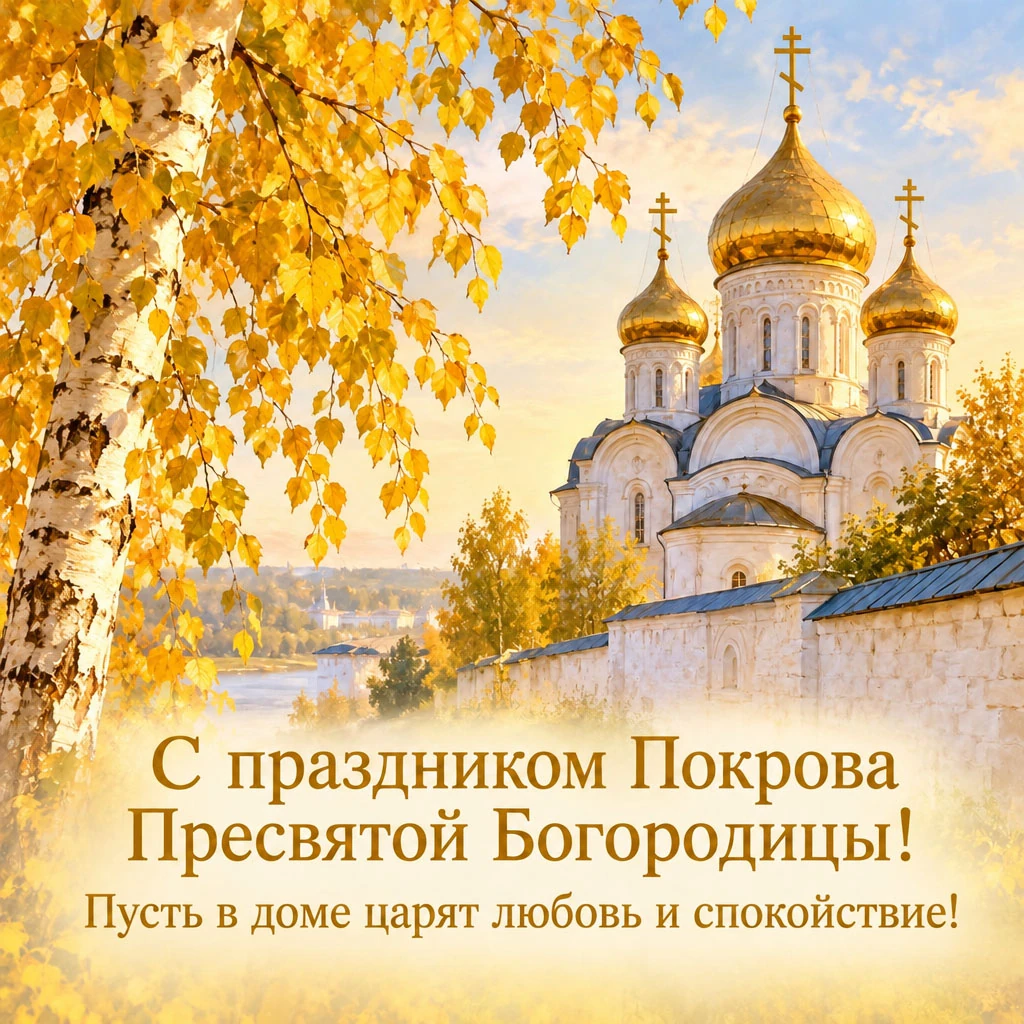 Открытка к празднику Покрова Пресвятой Богородицы с пожеланием любви и спокойствия