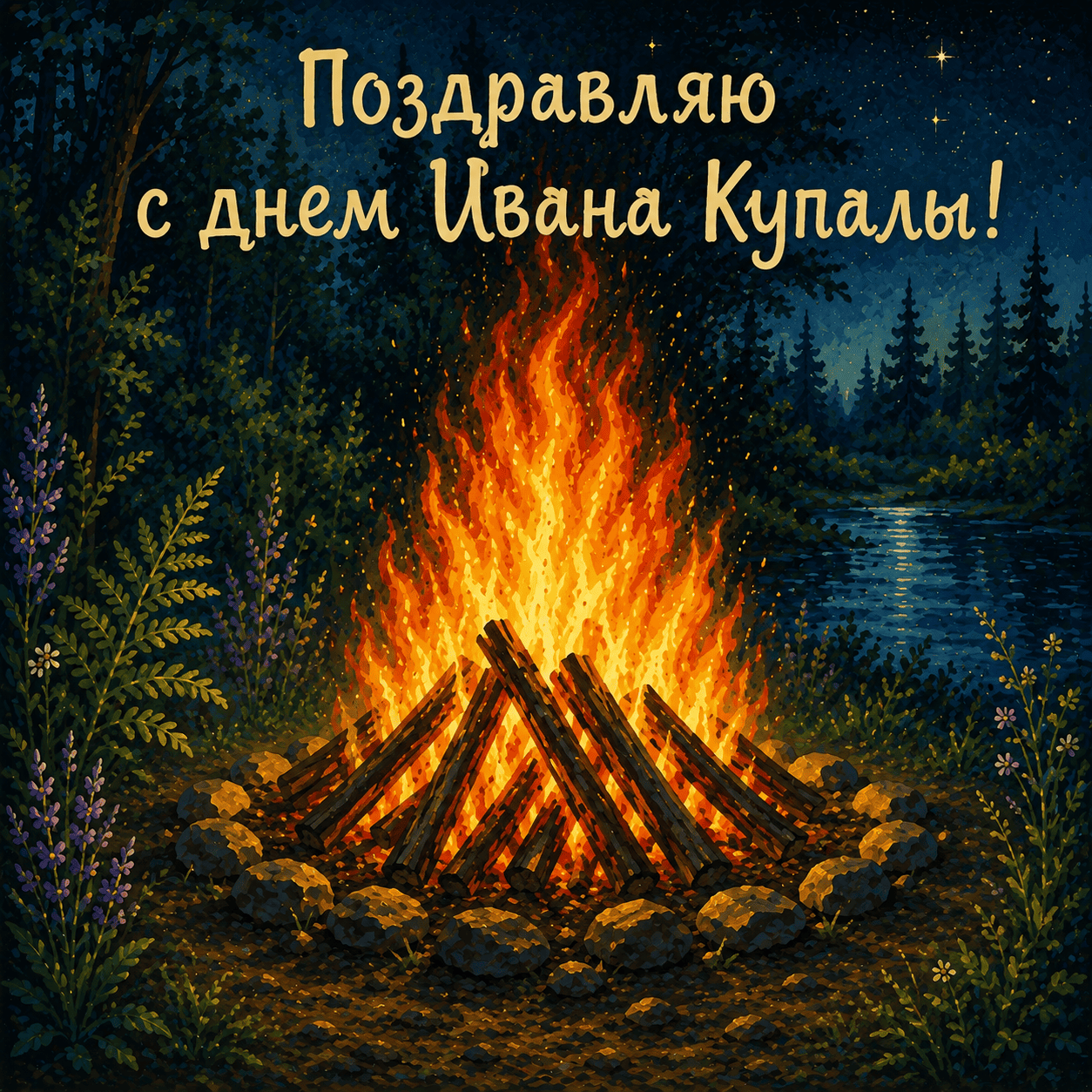 Открытка с праздником Ивана Купалы и большим костром