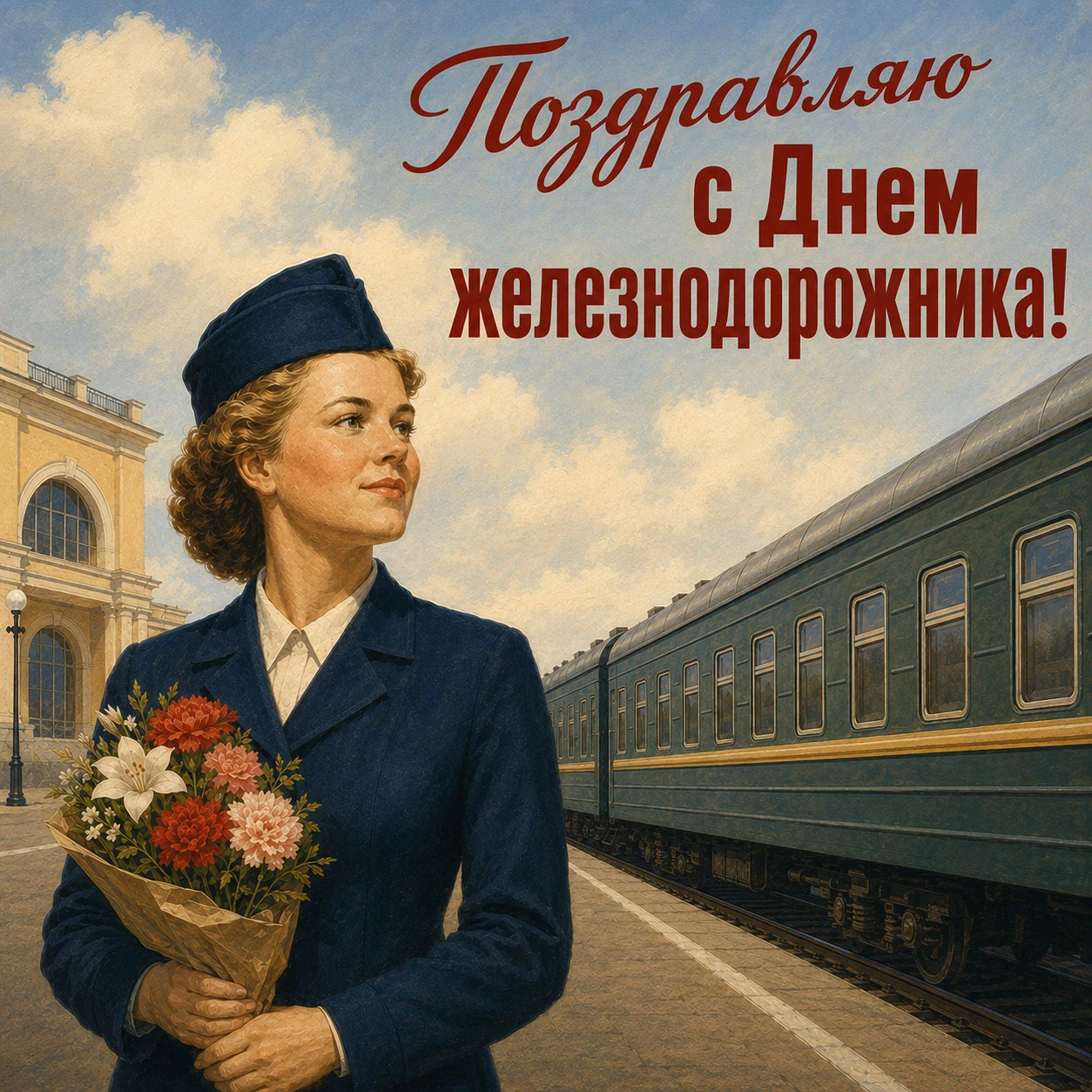 Советская открытка ко Дню железнодорожника с проводницей