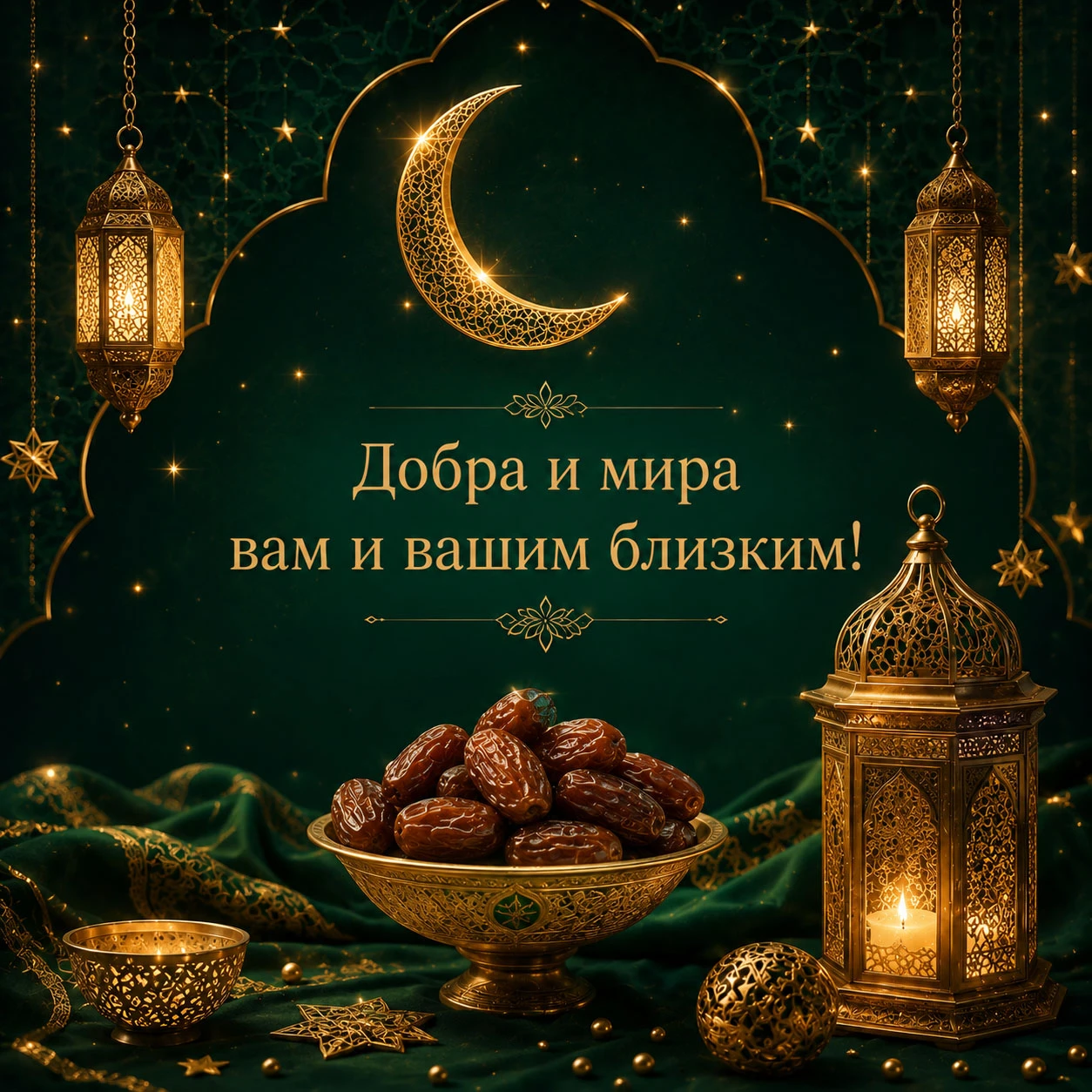 Атмосферная открытка с Курбан-байрамом с восточным натюрмортом, полумесяцем и пожеланием мира близким