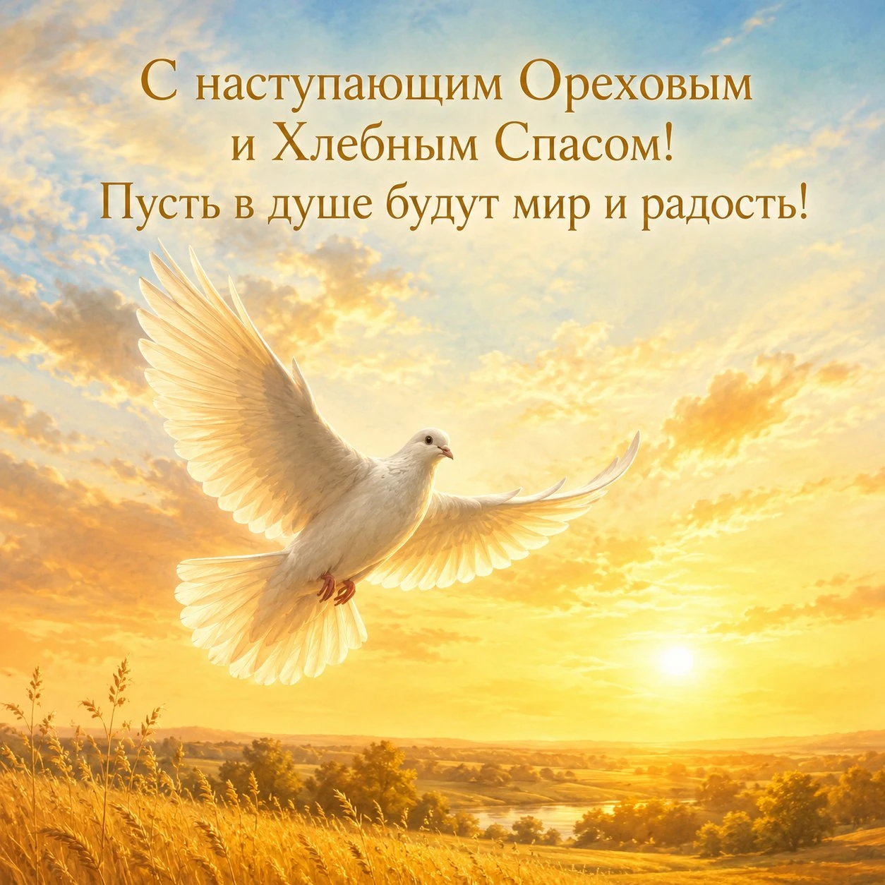 Открытка с наступающим Ореховым и Хлебным Спасом с голубем
