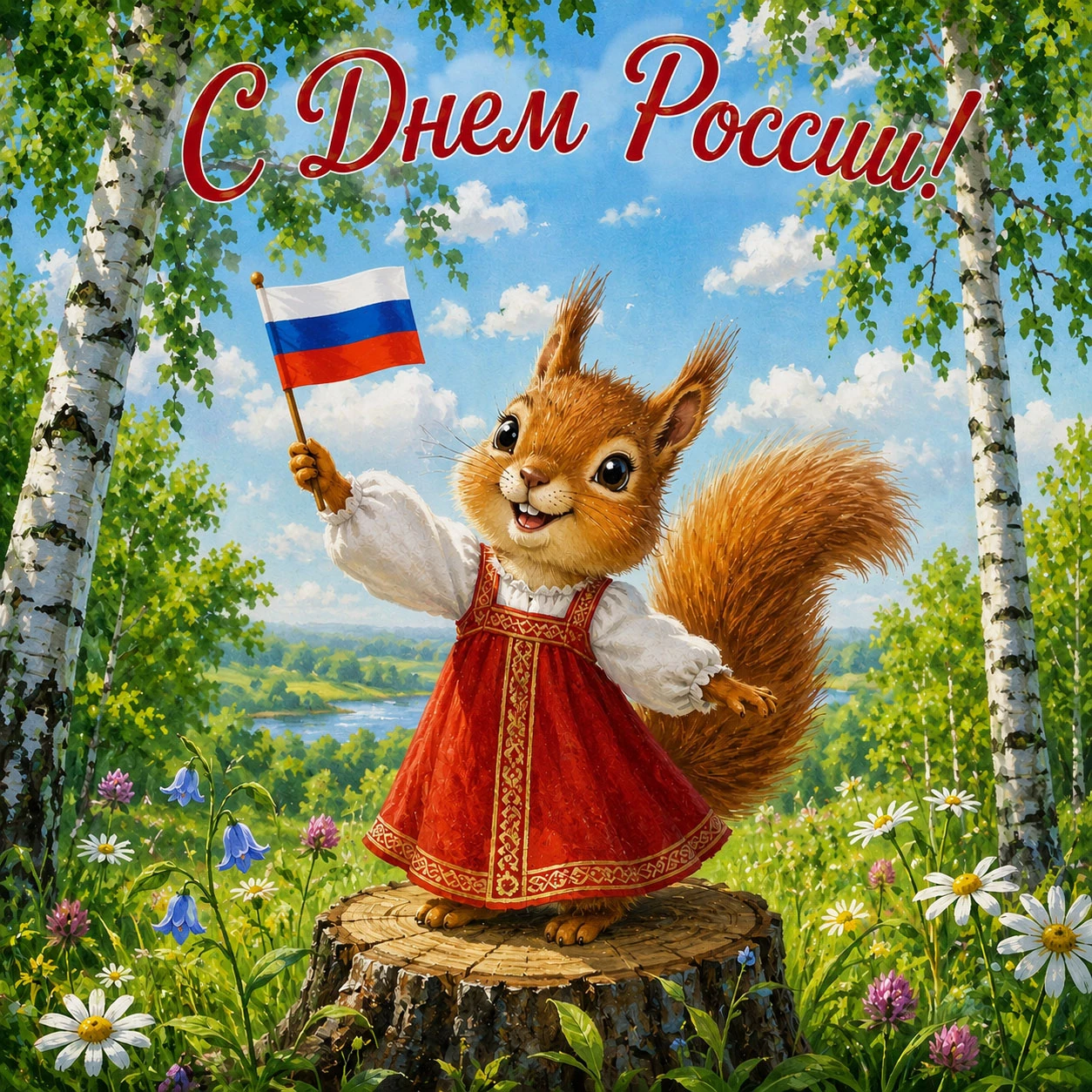 Белка в сарафане с флагом России